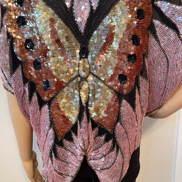 80’s Joan Crawford glamorous vintage handmade sequin beaded butterfly v-n tunic! - Picture 12 of 13